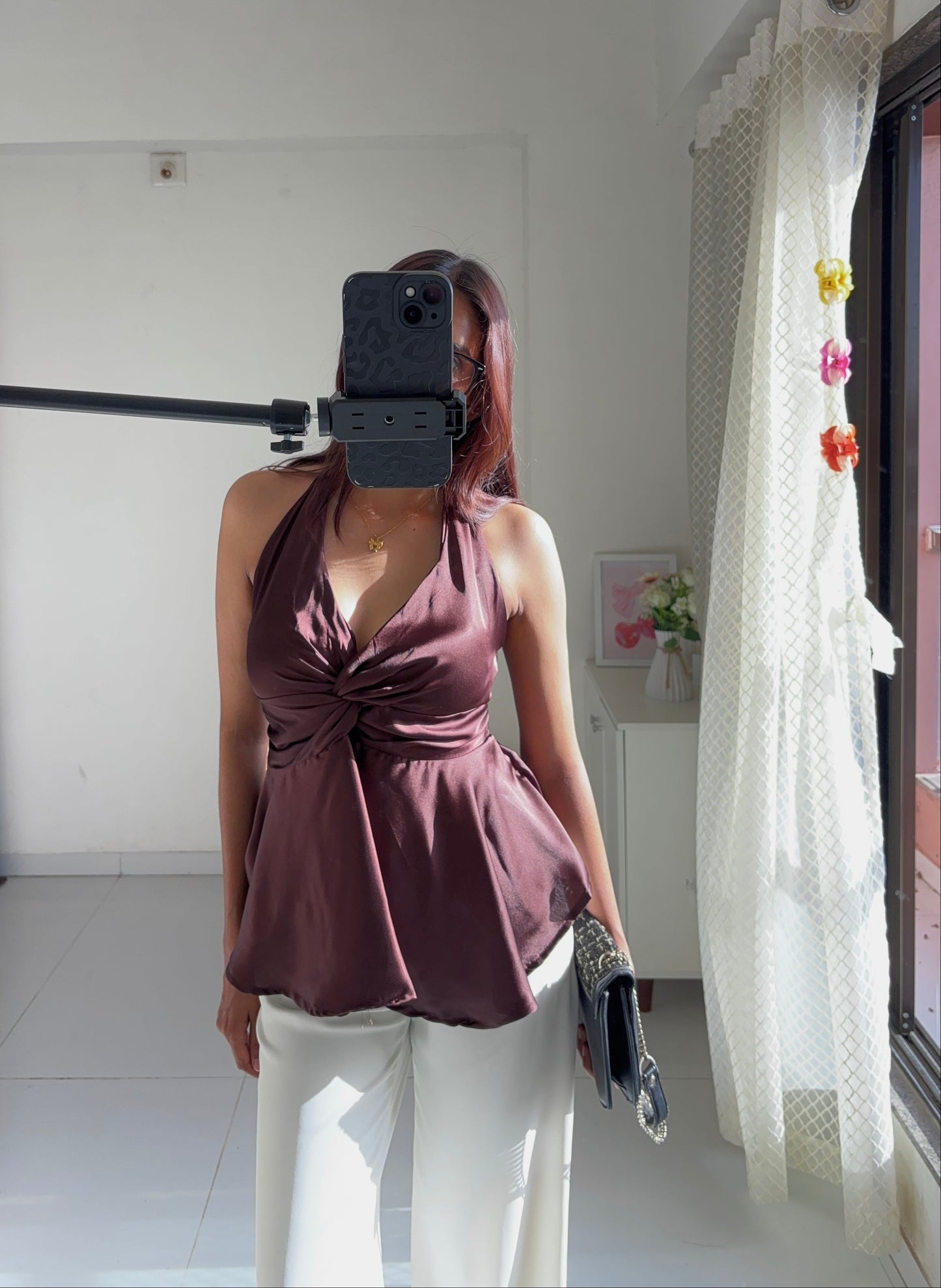 Choco Brown Satin Halter Neck Top