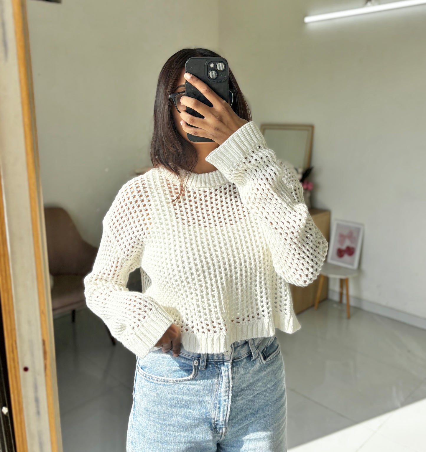 White Crochet Full Sleeve Top