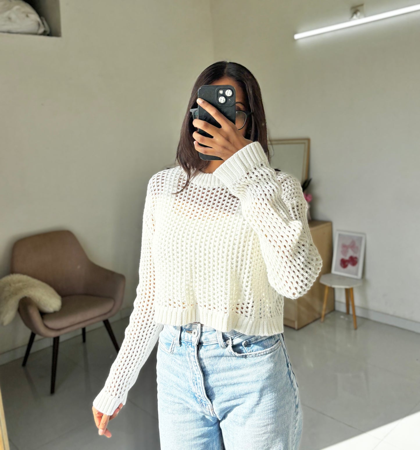 White Crochet Full Sleeve Top