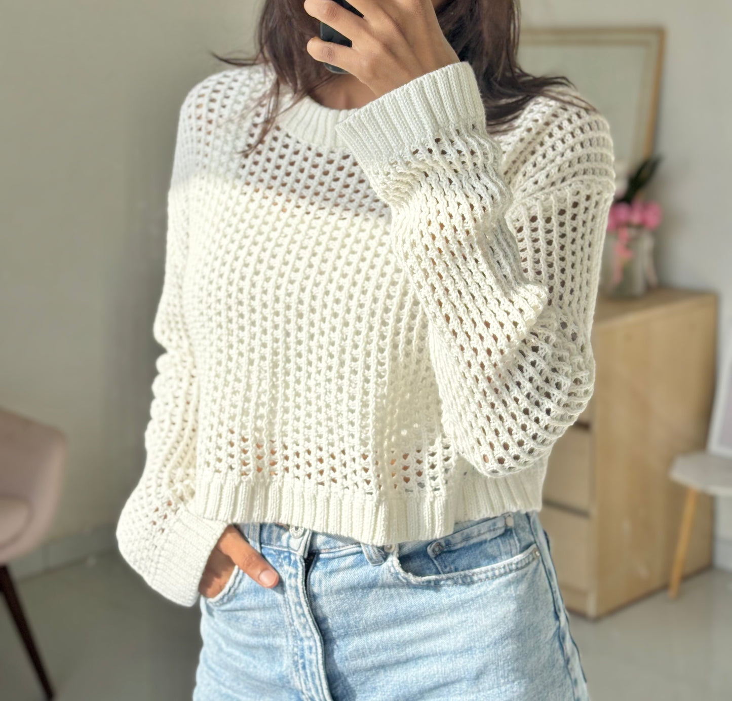 White Crochet Full Sleeve Top
