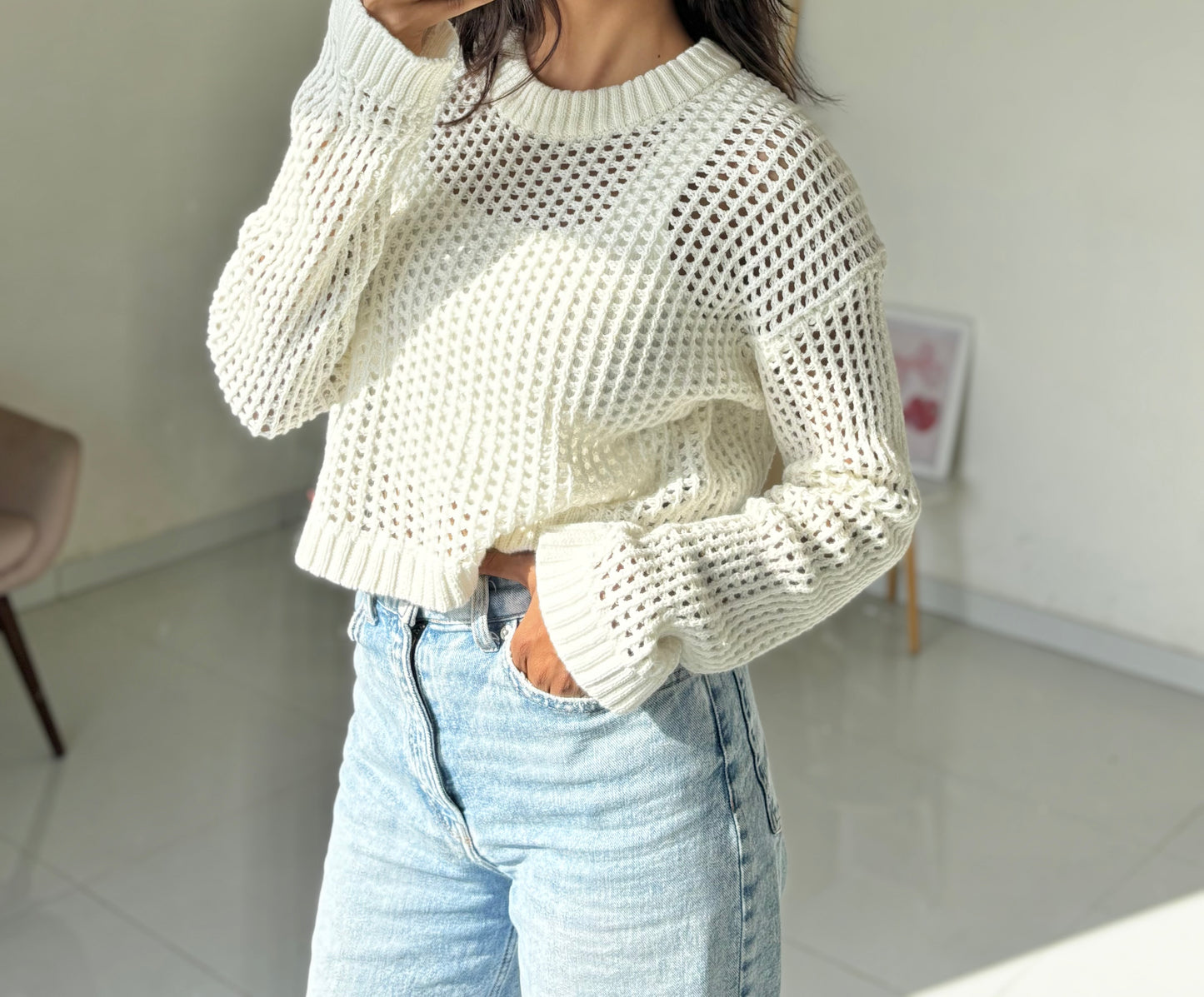 White Crochet Full Sleeve Top