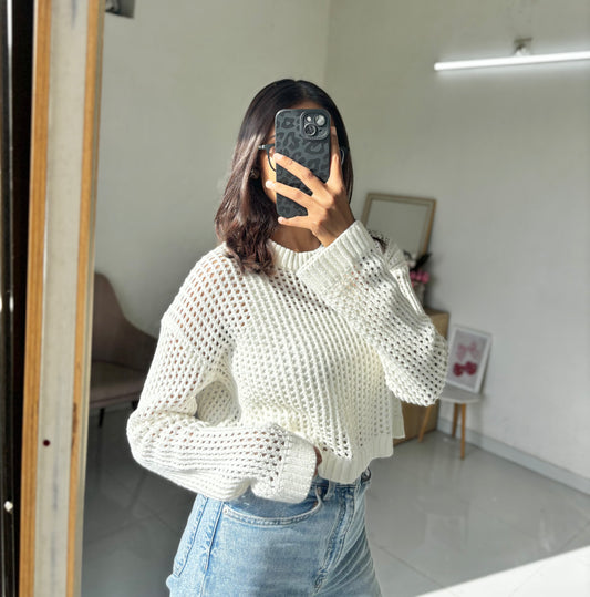 White Crochet Full Sleeve Top