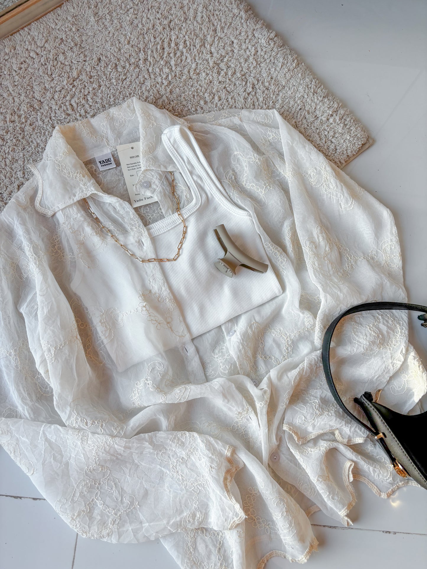 Off white Sheer Embroidery Shirt