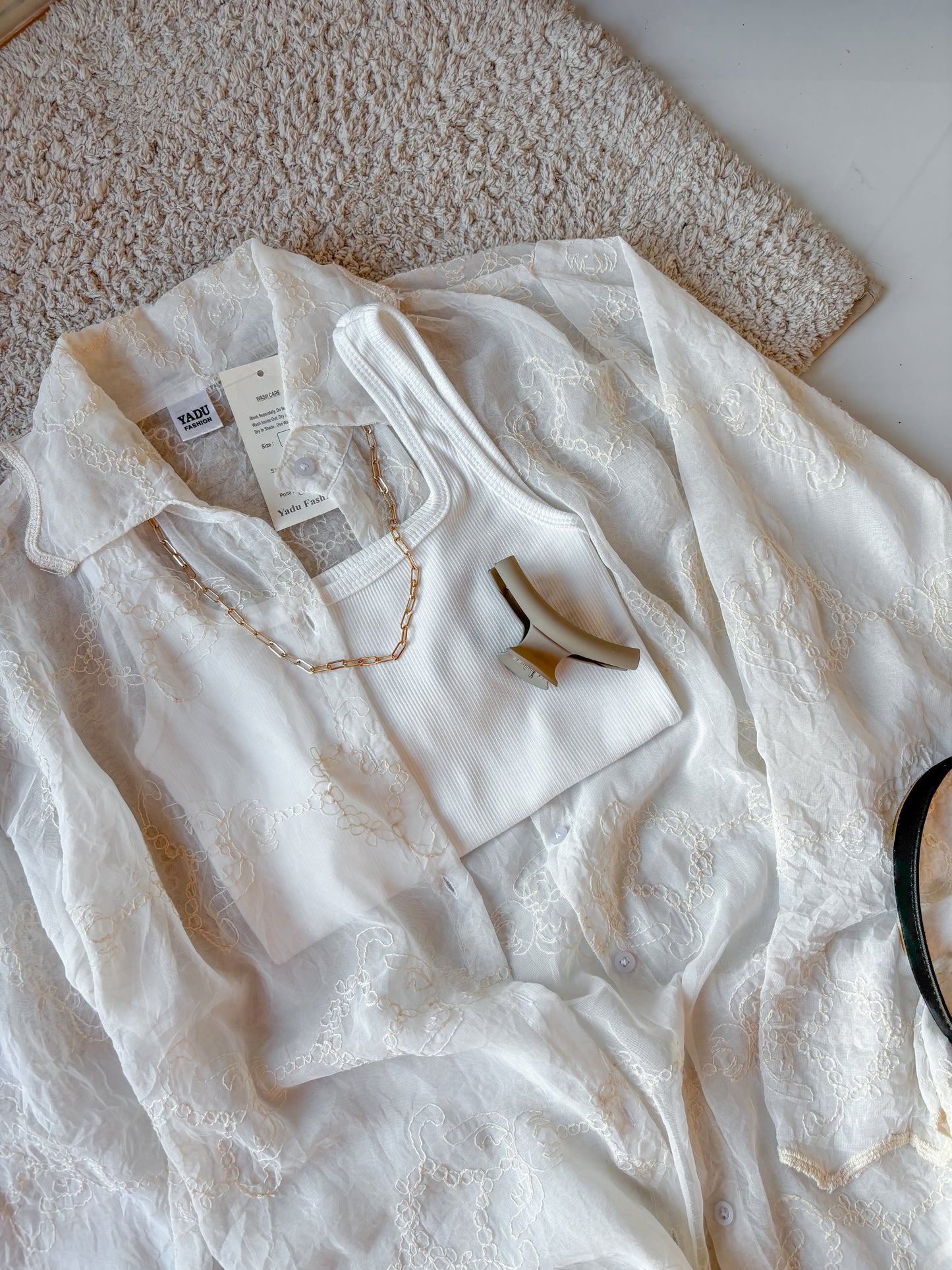 Off white Sheer Embroidery Shirt