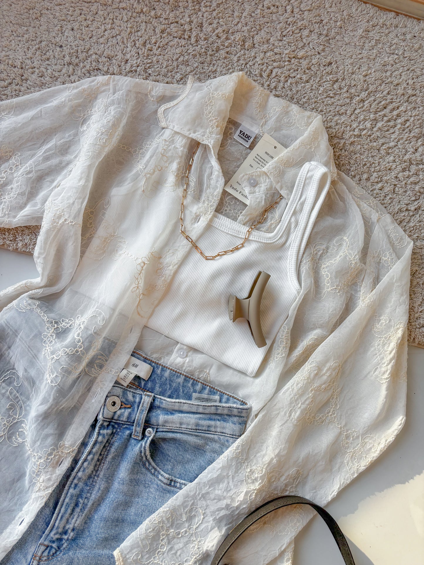 Off white Sheer Embroidery Shirt