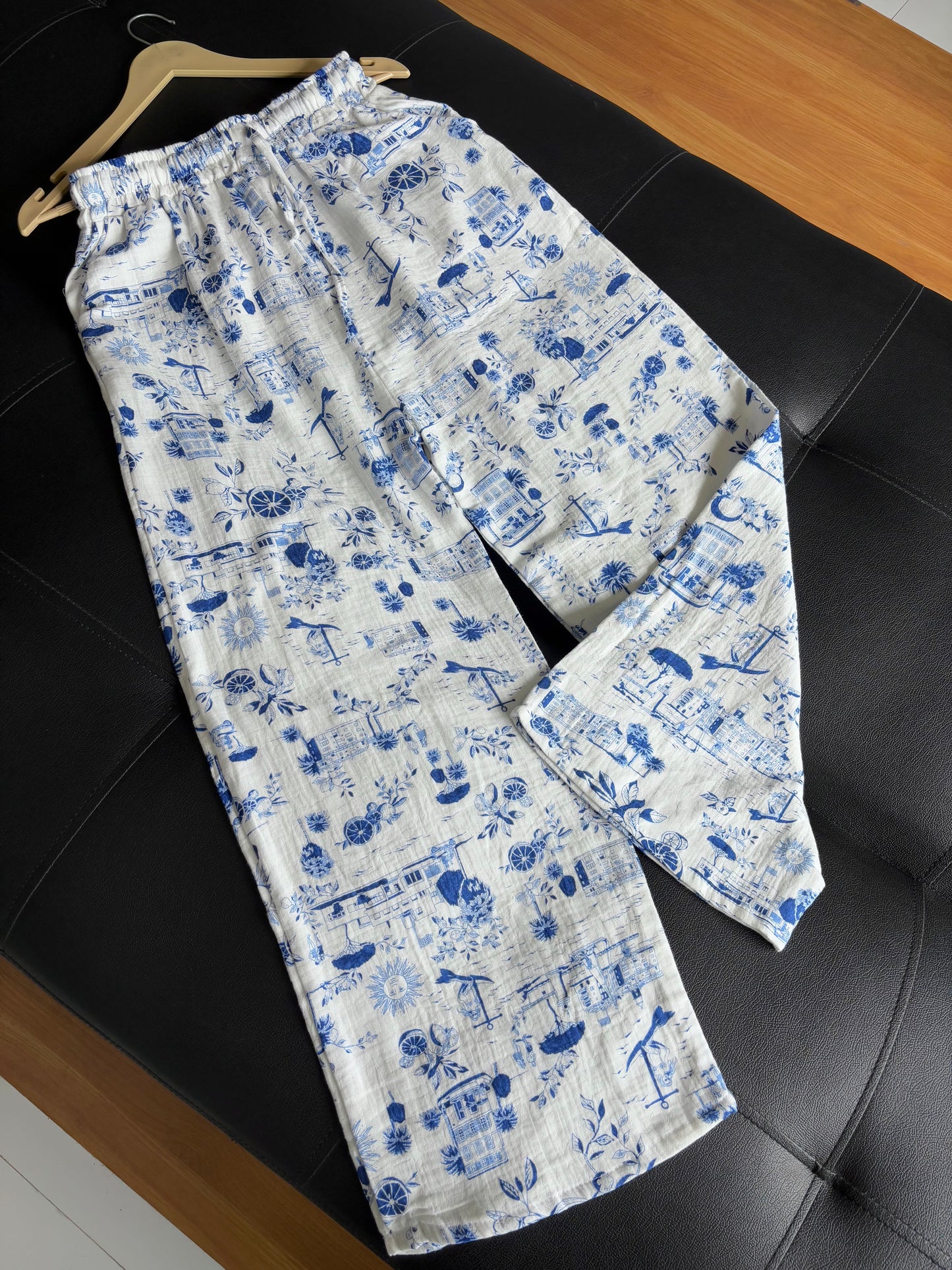 White & Blue Printed Pants