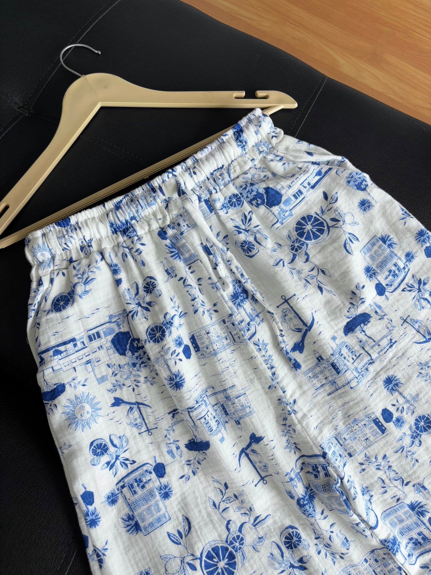 White & Blue Printed Pants