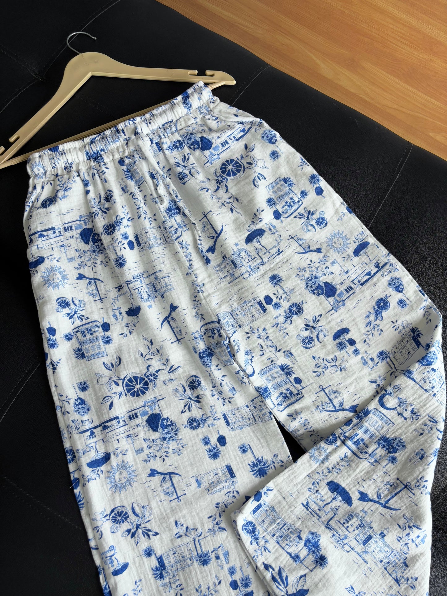 White & Blue Printed Pants