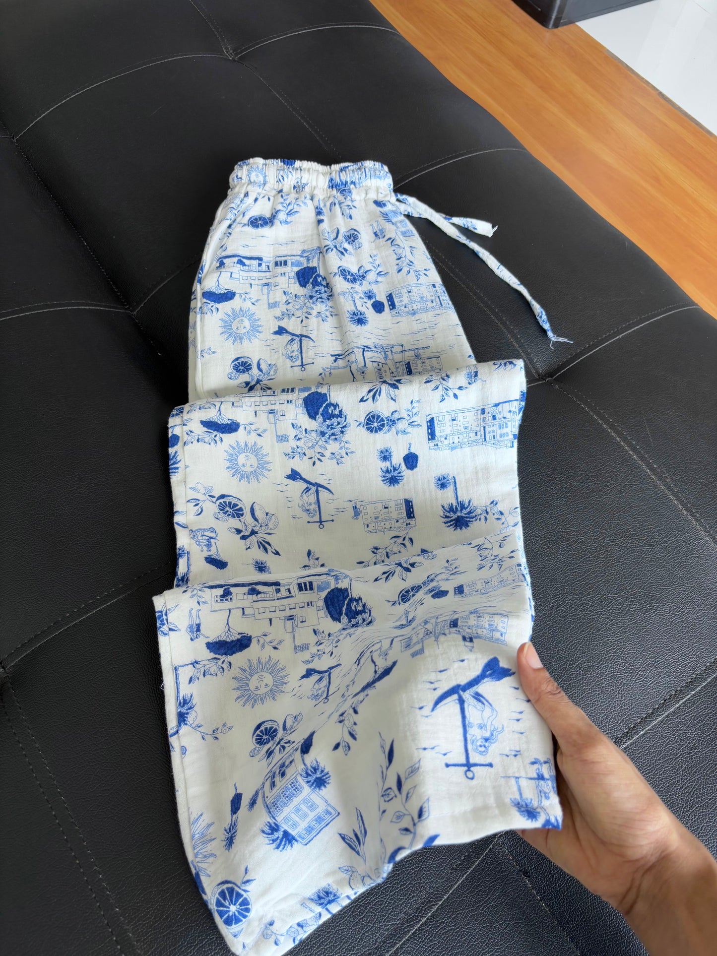 White & Blue Printed Pants