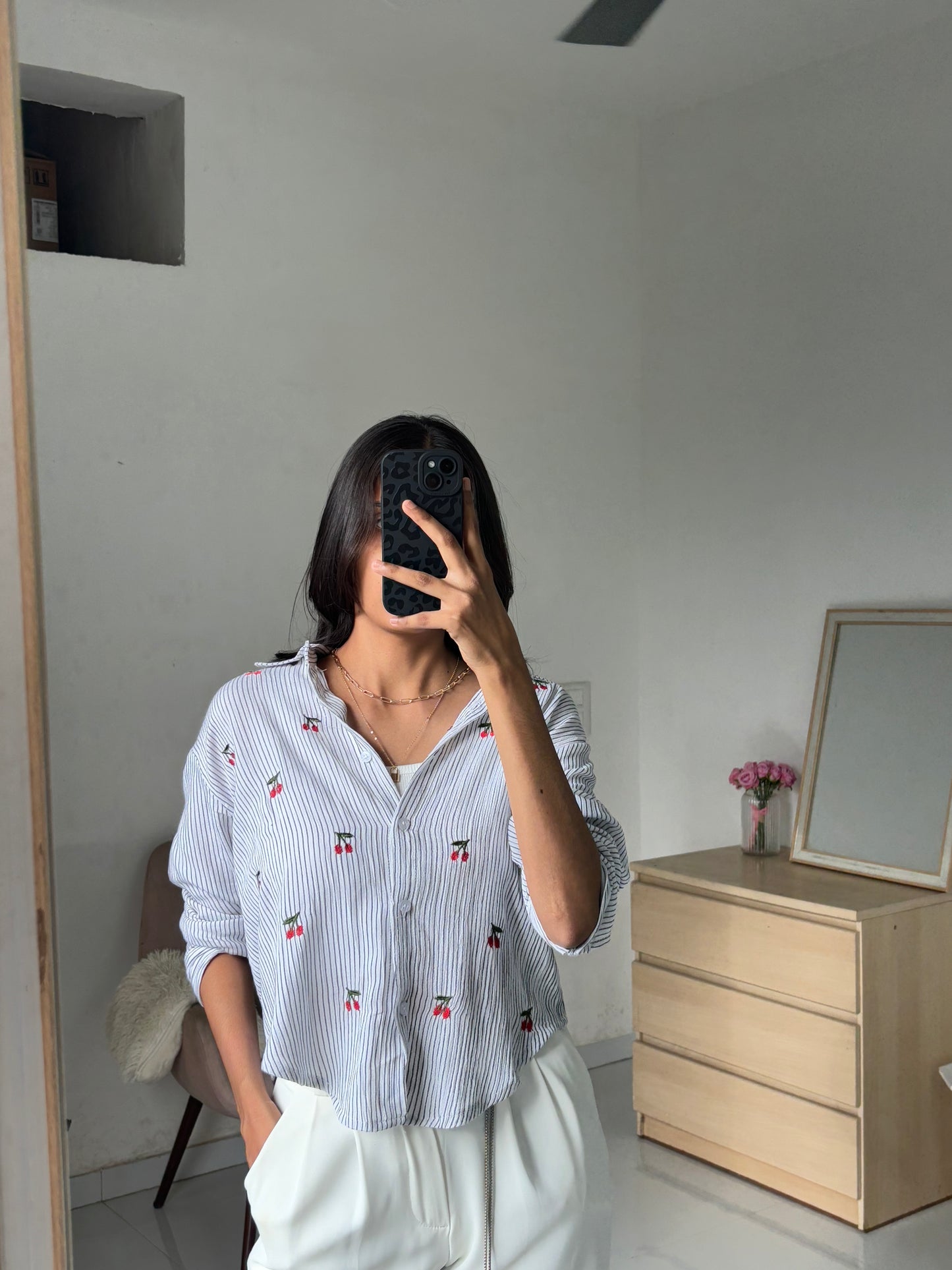 White Cherry Embroidery Shirt