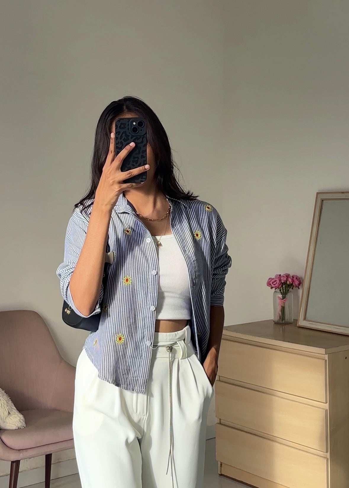 Navy Blue Sunflower Embroidery Shirt