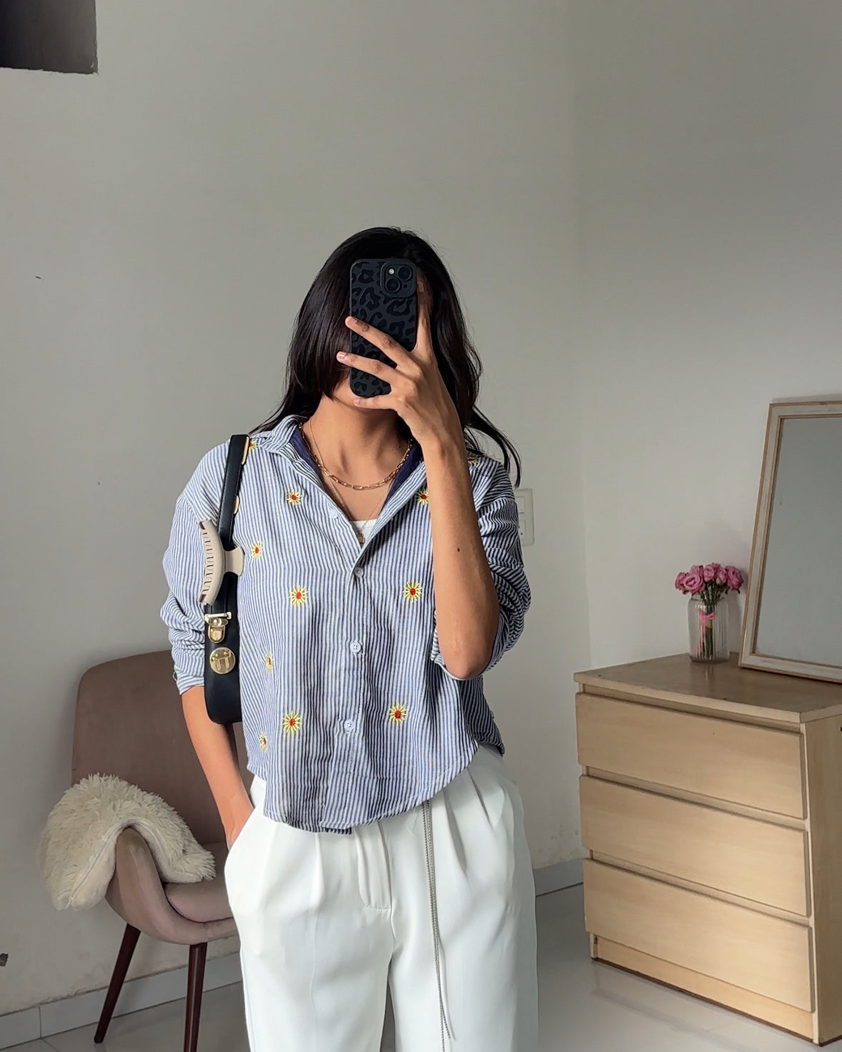 Navy Blue Sunflower Embroidery Shirt