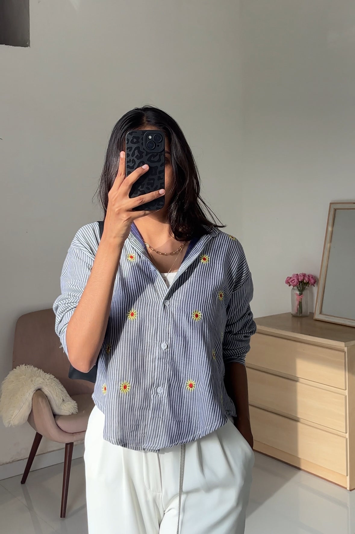 Navy Blue Sunflower Embroidery Shirt