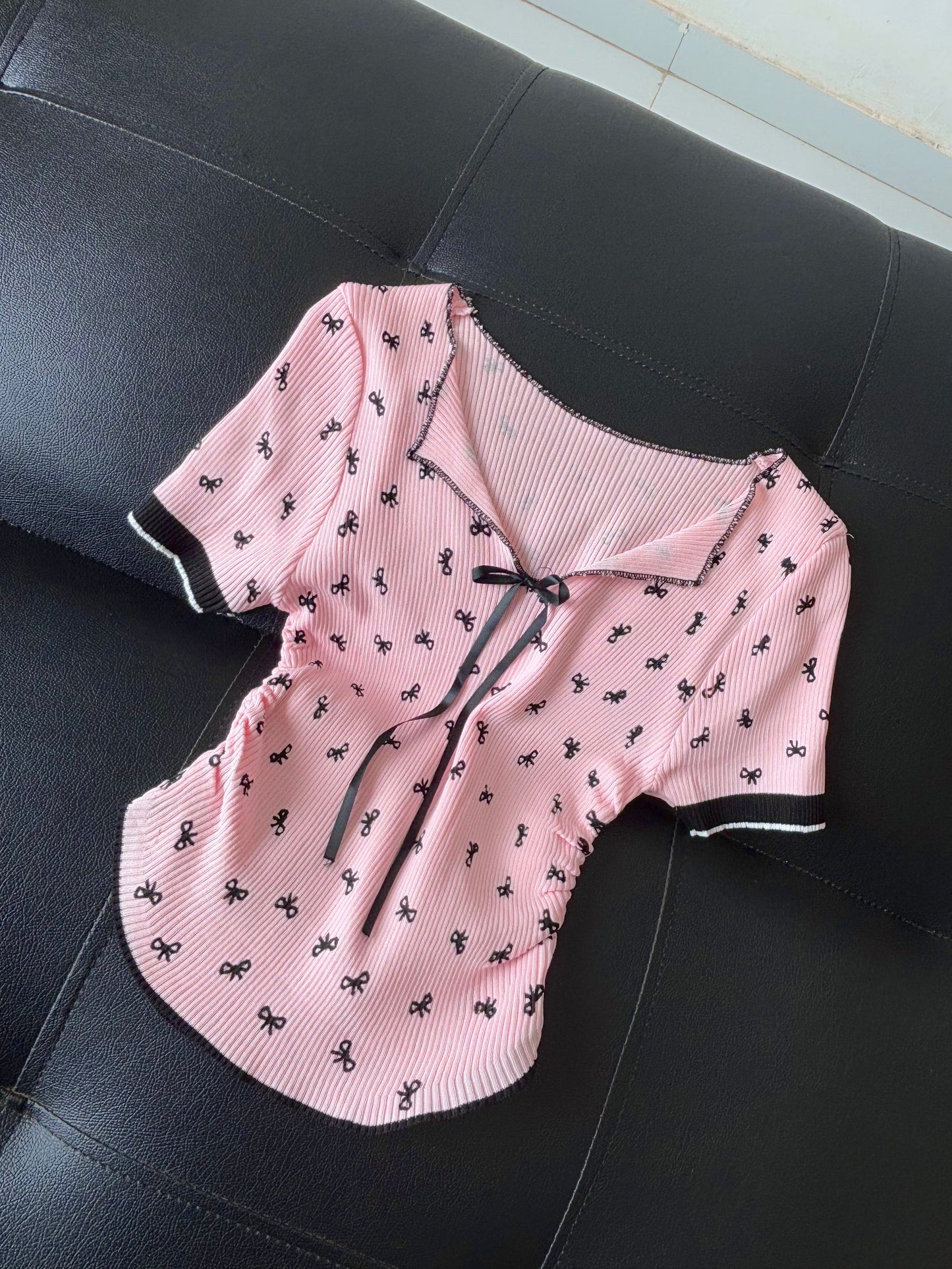 Bow String V Neck Korean Top