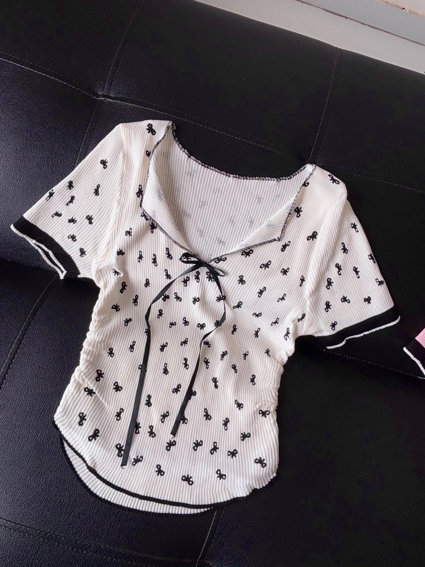 Bow String V Neck Korean Top