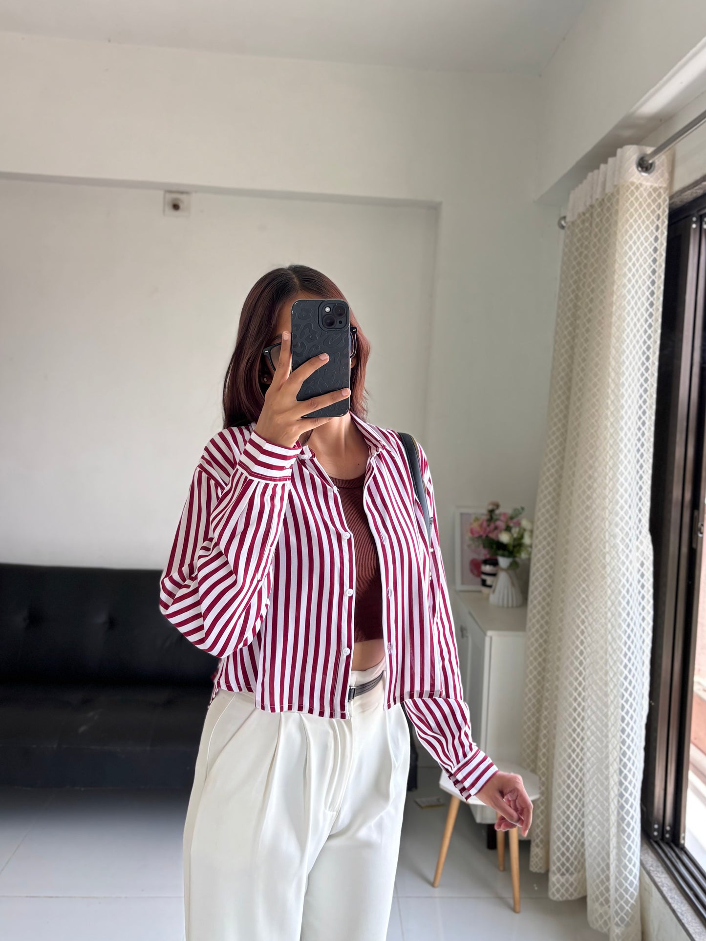 Berry Red Striped Crop Shirt