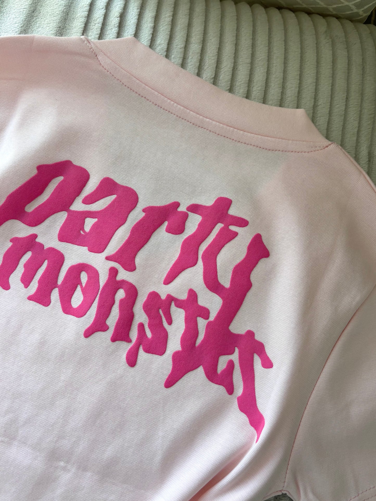"Party Monster" Baby Pink Back Print Crop Tee