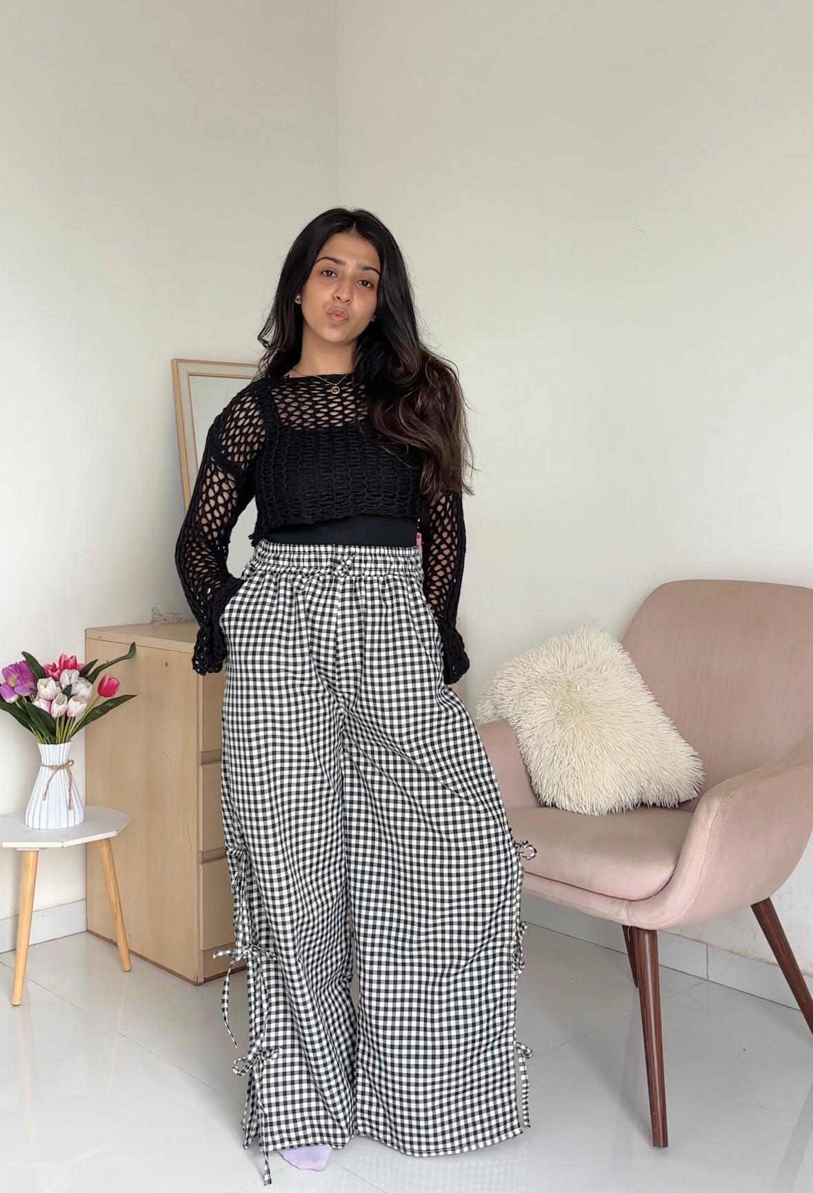 Viral Black Gingham Bow Pants