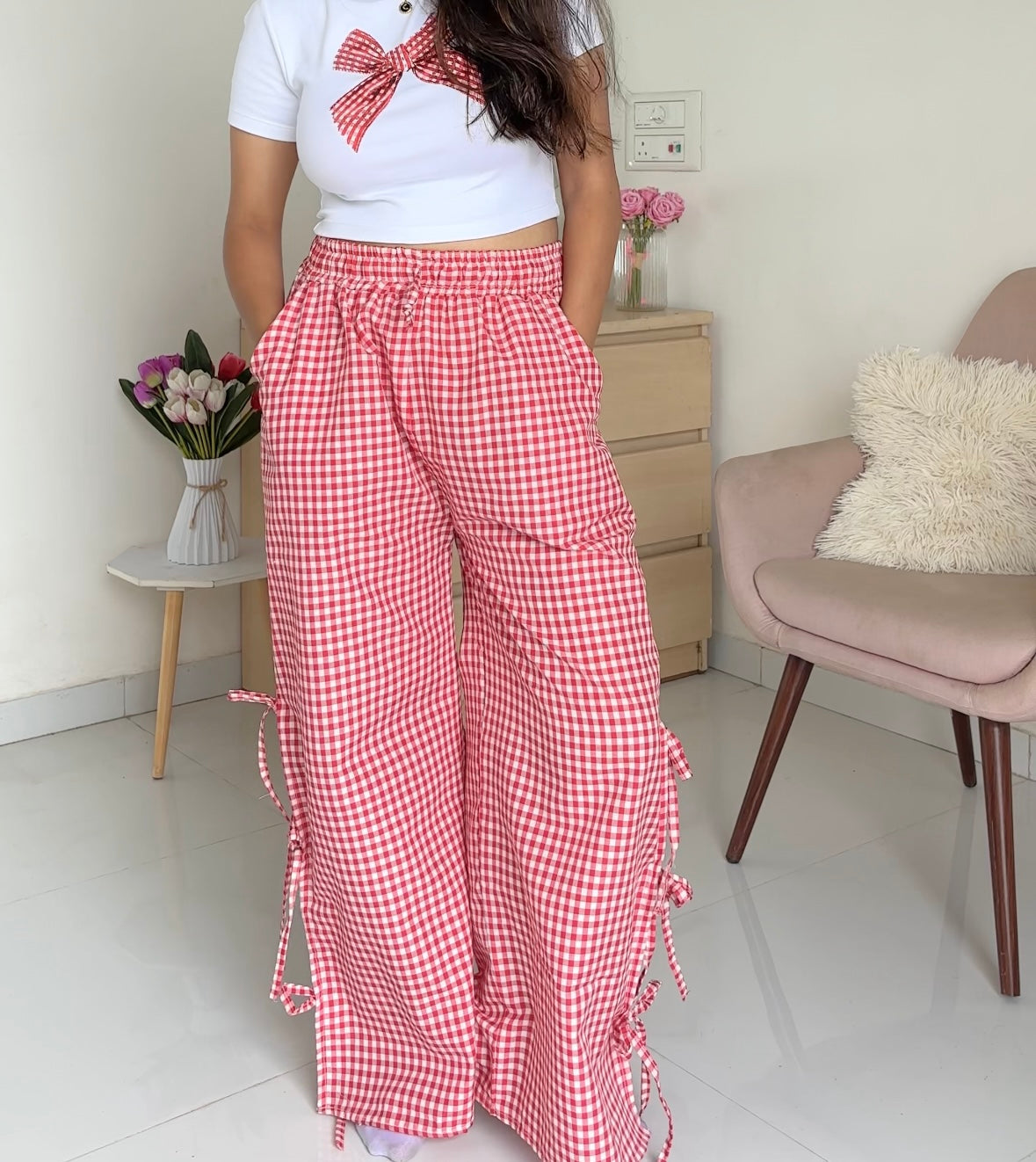 Viral Red Gingham Bow Pants