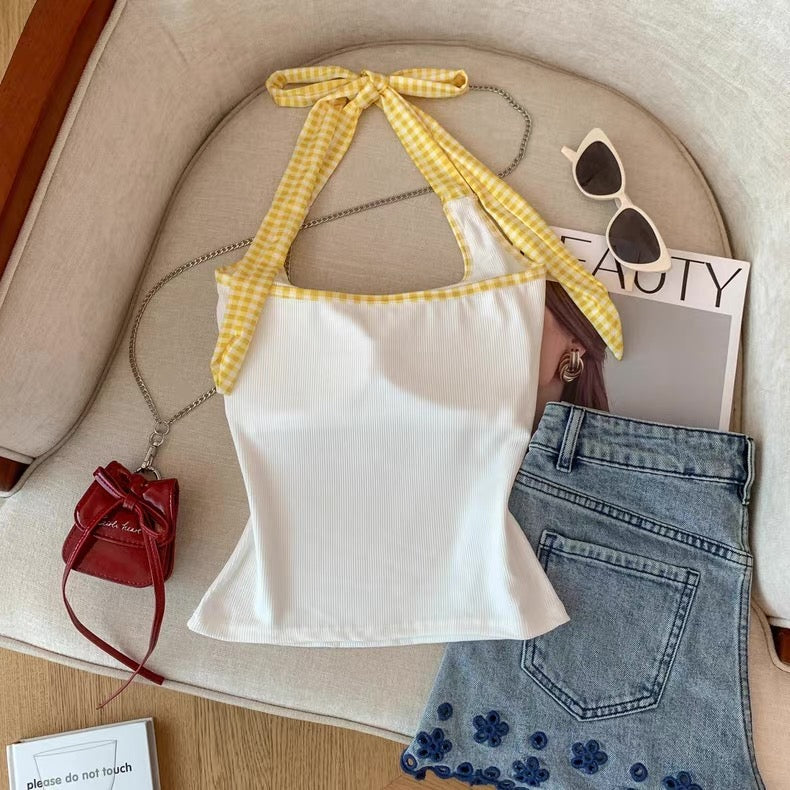 Ribbon Tie Halter Neck Built-in Bra tops