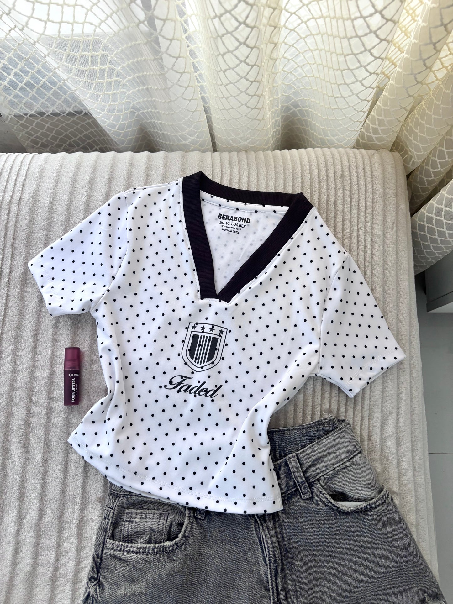 Black Polka Dot V-Neck Crop Tee