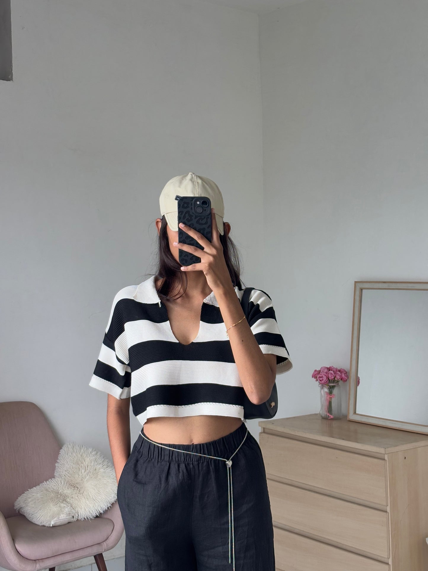 Black Korean Striped Polo Tee