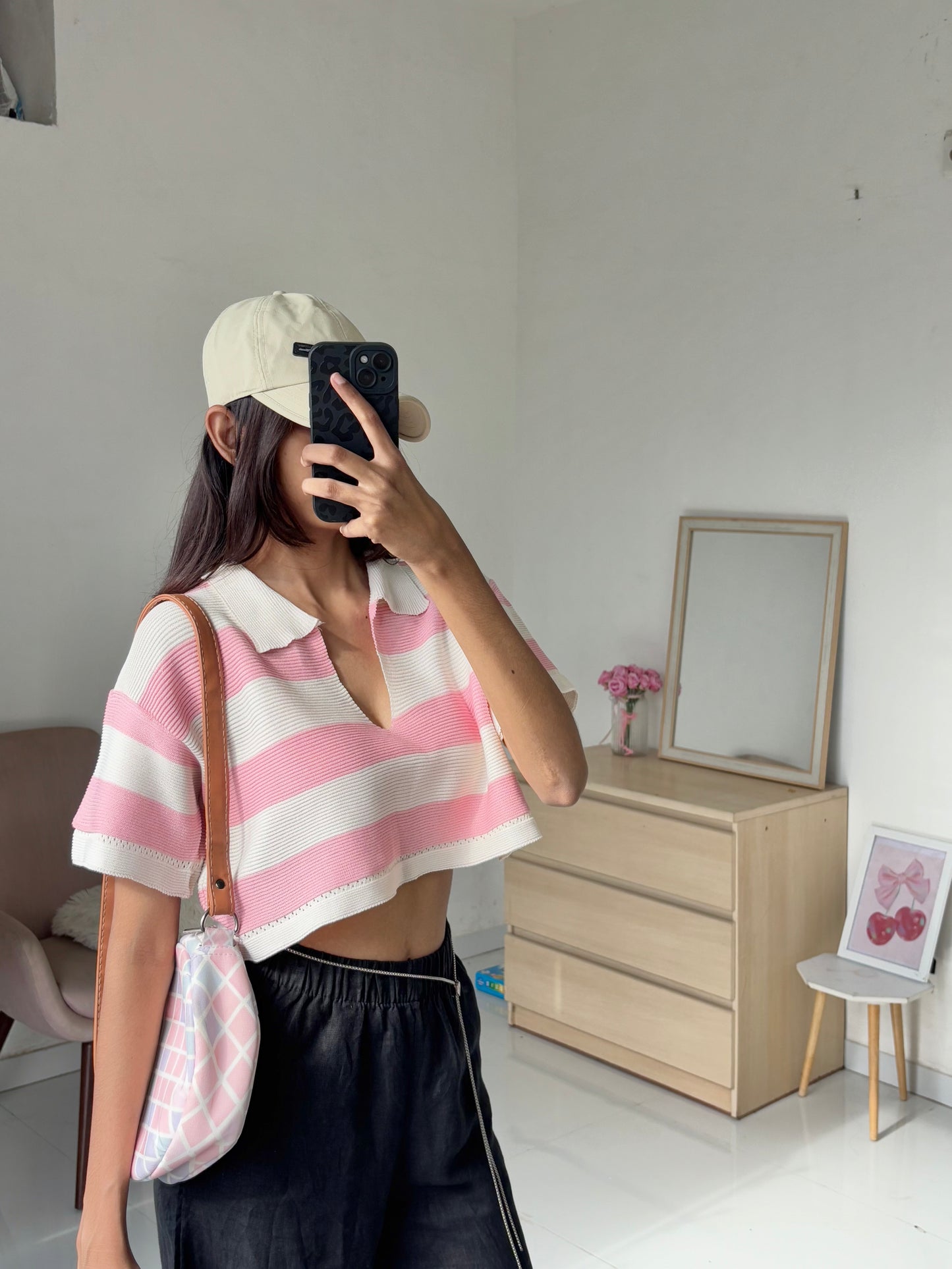 Pink Korean Striped Polo Tee