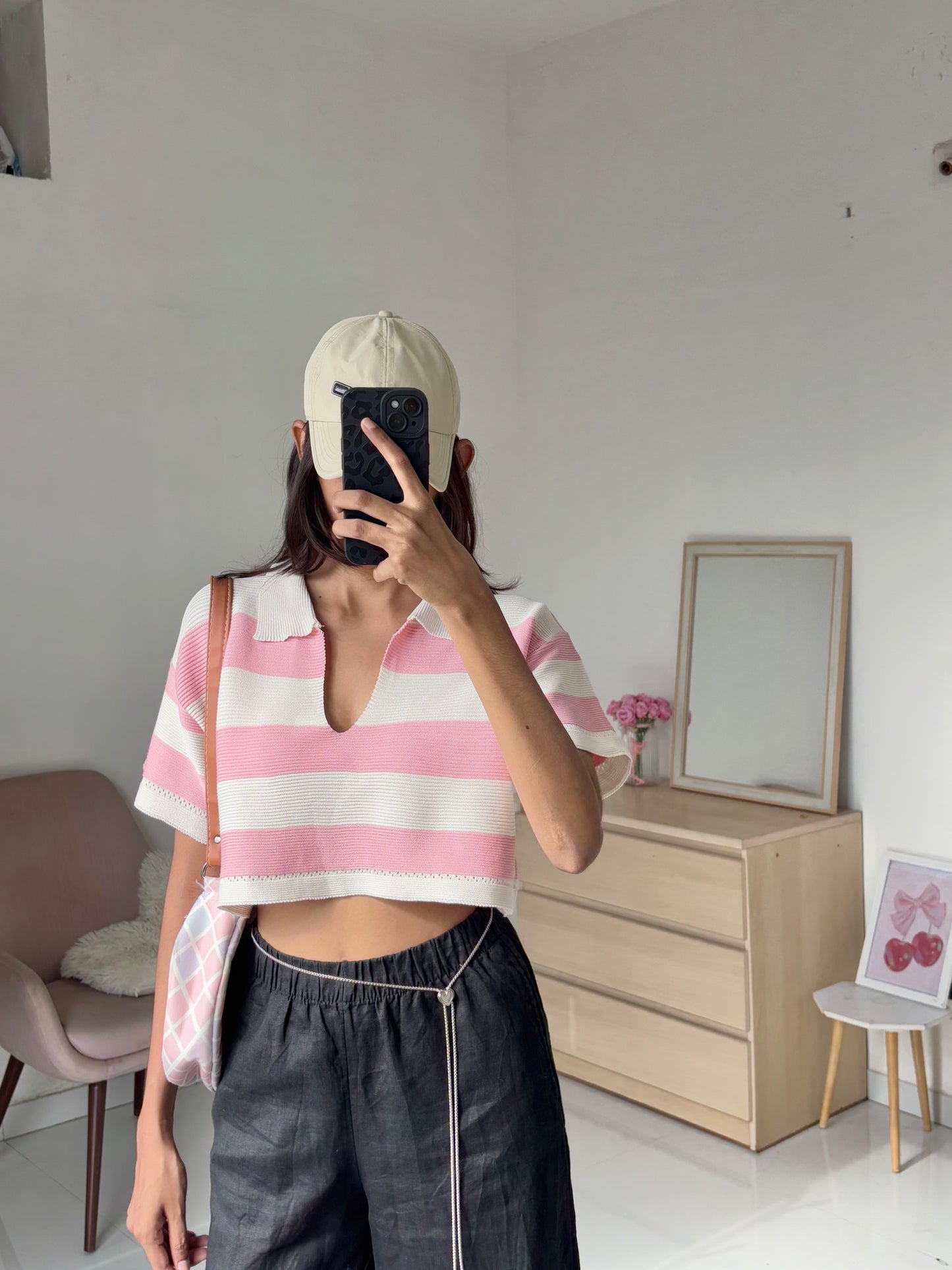 Pink Korean Striped Polo Tee