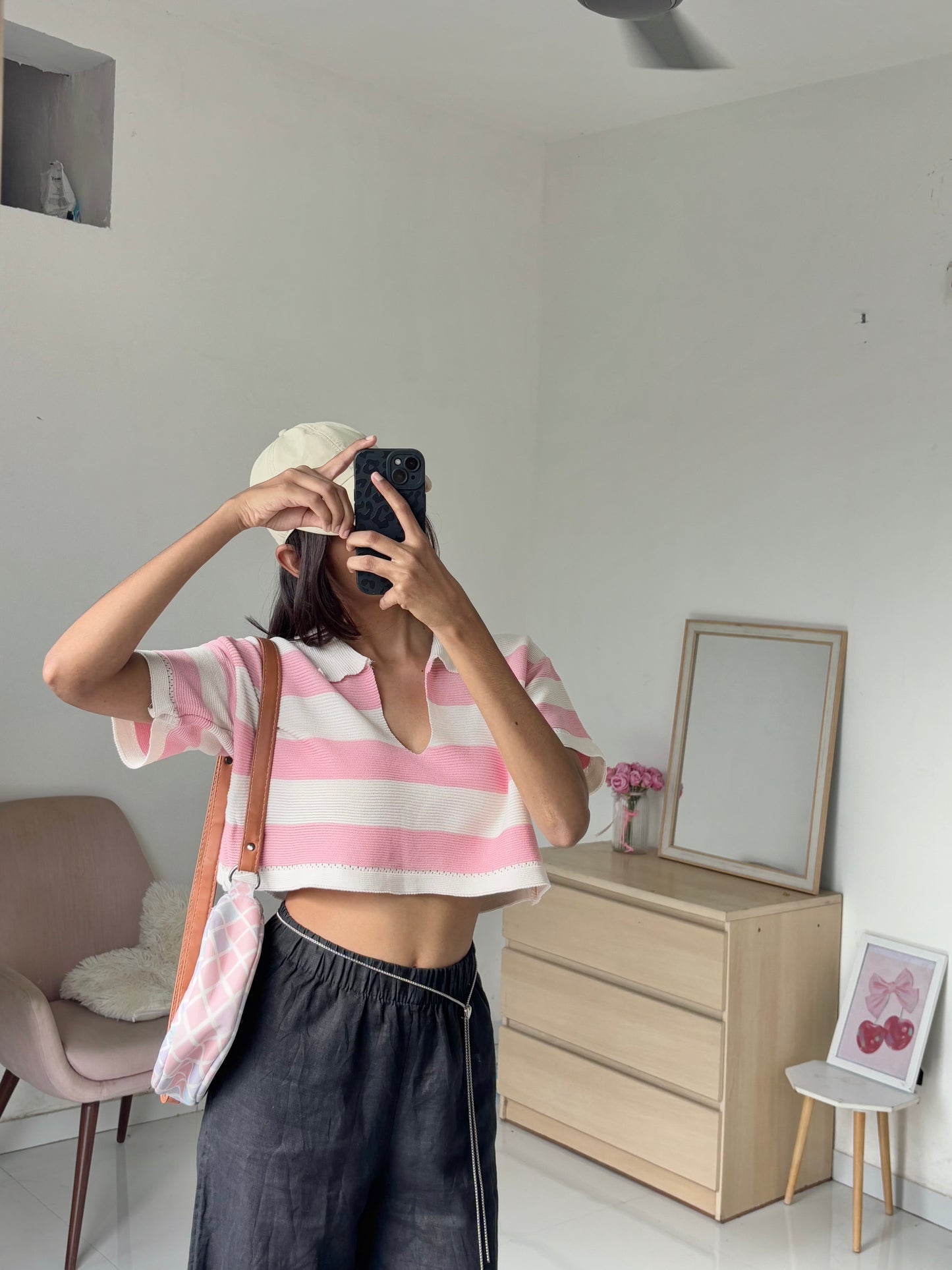 Pink Korean Striped Polo Tee