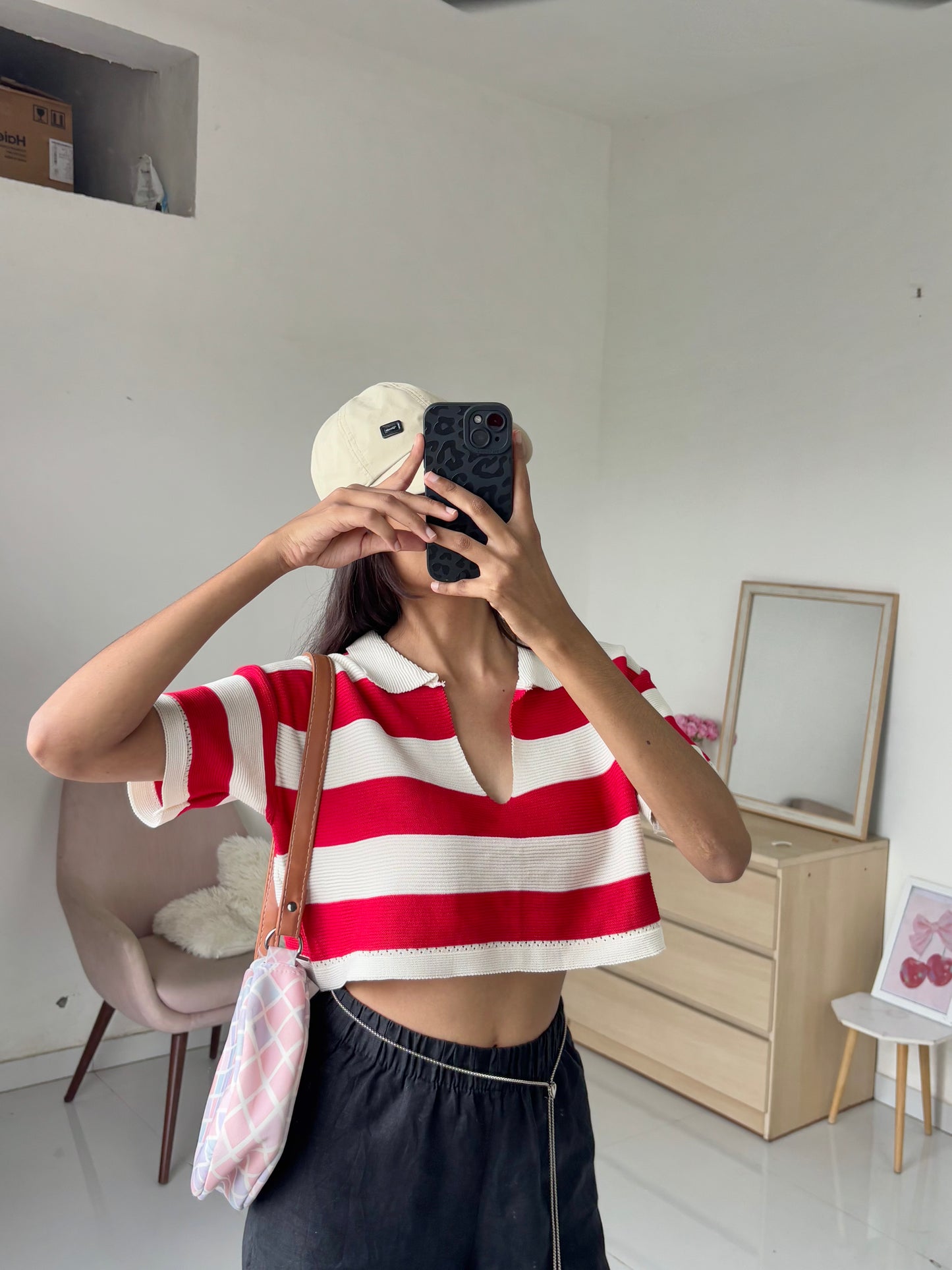 Red Korean Striped Polo Tee