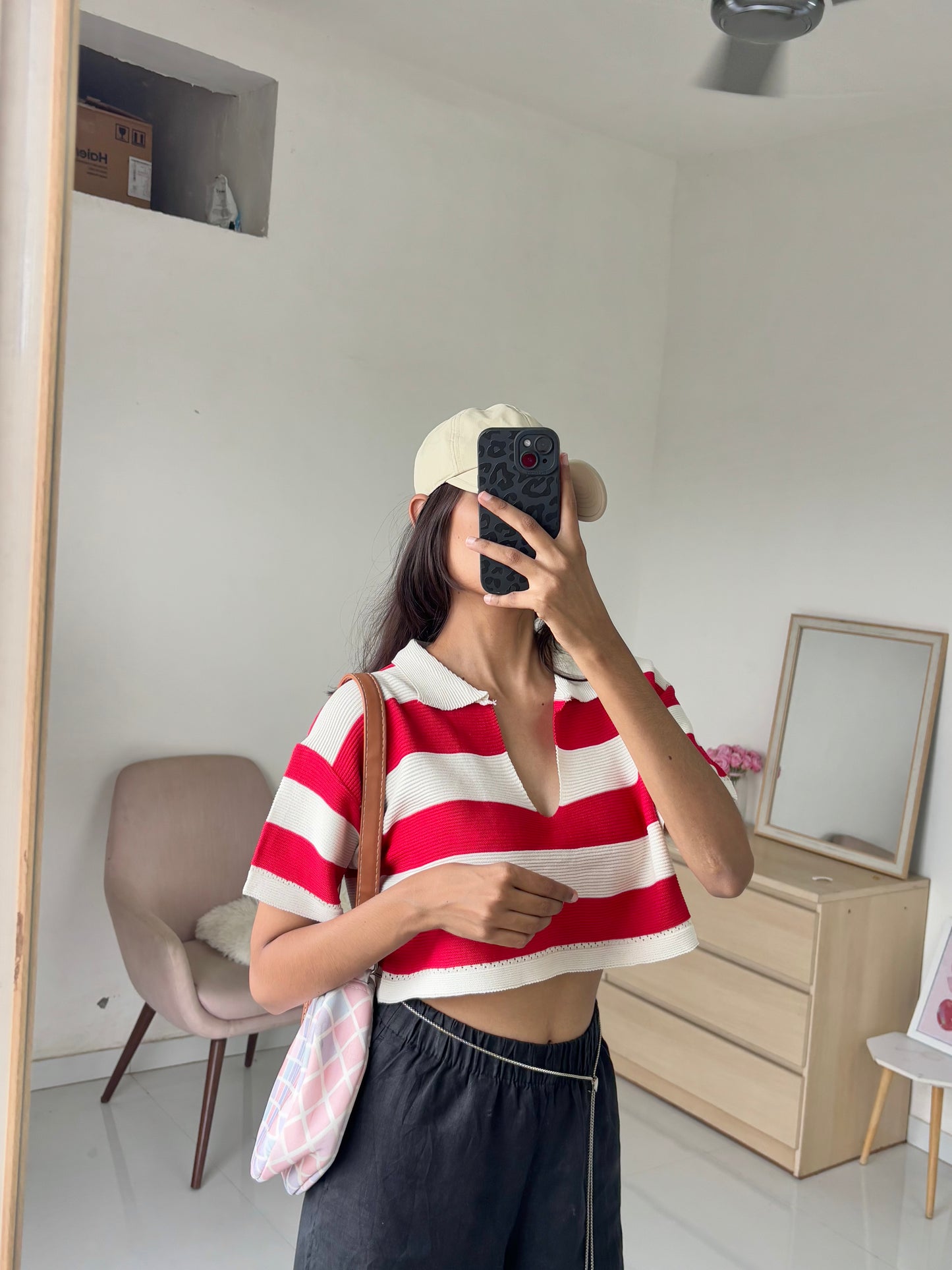 Red Korean Striped Polo Tee