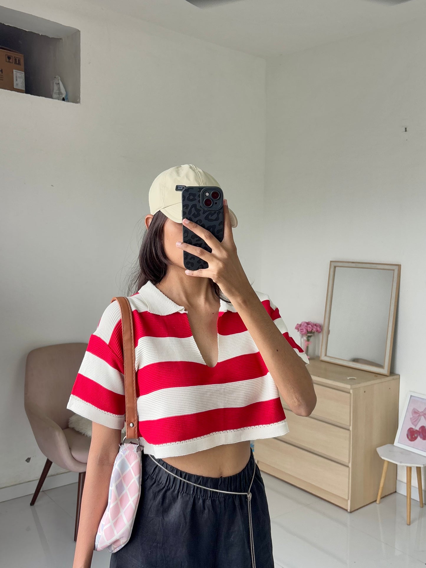 Red Korean Striped Polo Tee
