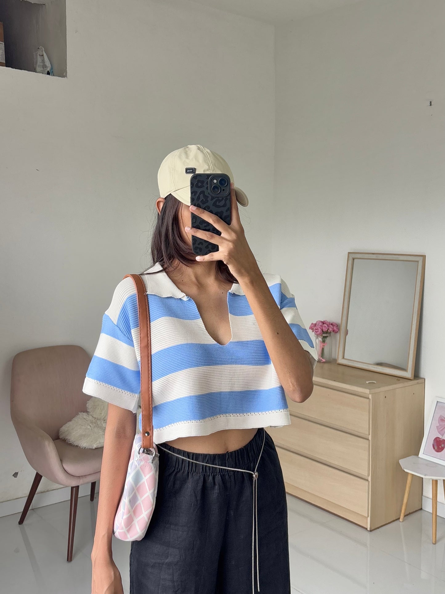 Blue Korean Striped Polo Tee
