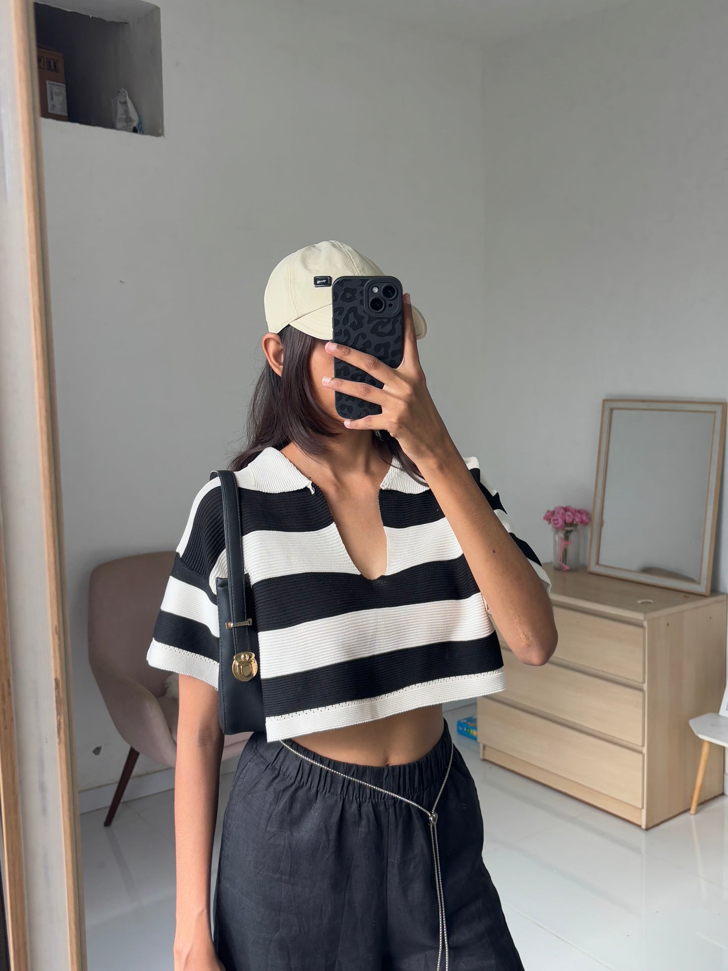 Black Korean Striped Polo Tee