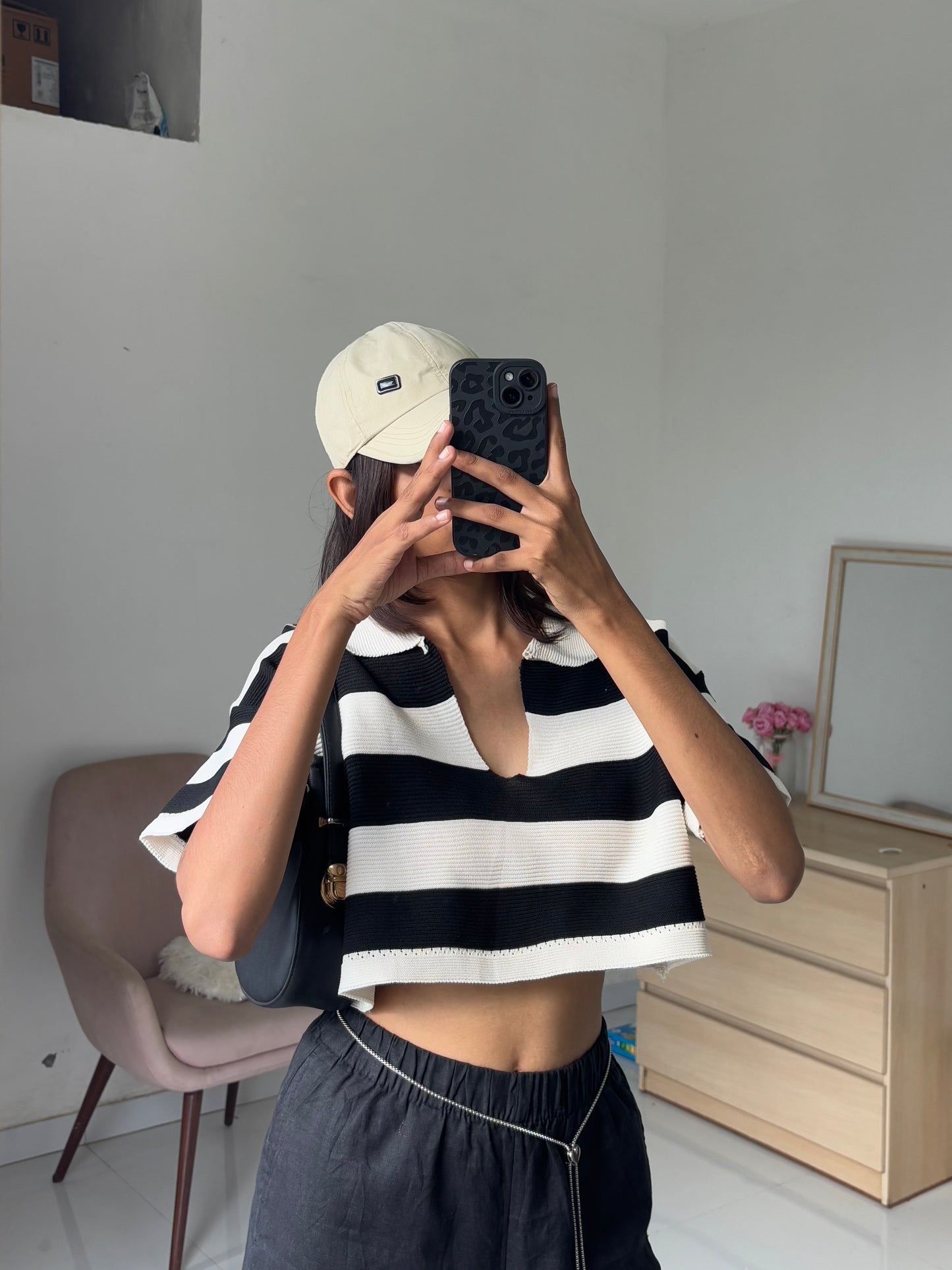 Black Korean Striped Polo Tee