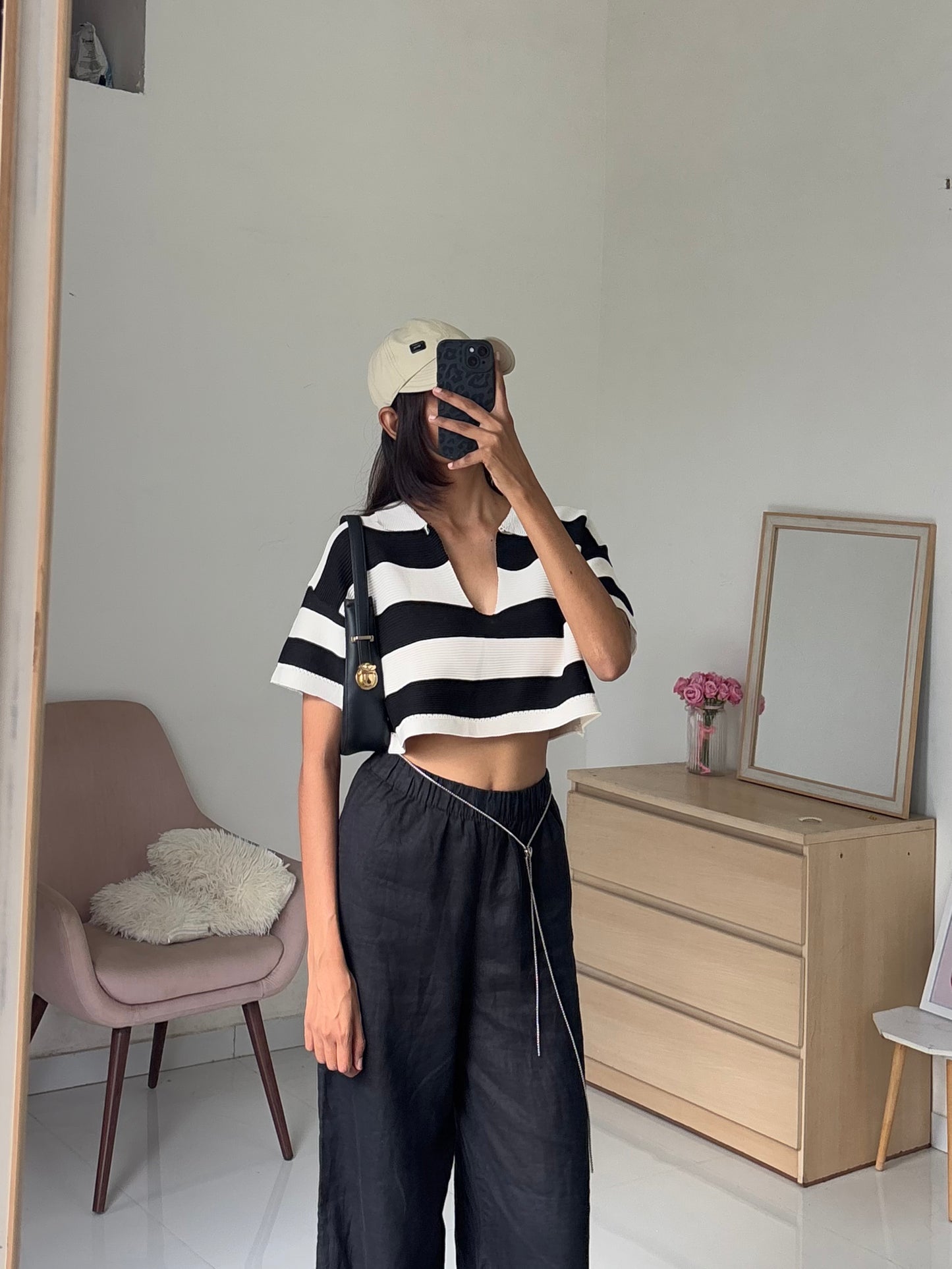 Black Korean Striped Polo Tee