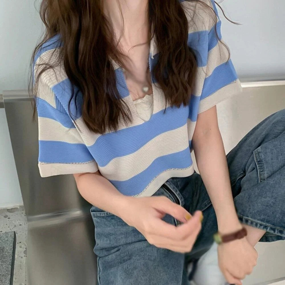Blue Korean Striped Polo Tee