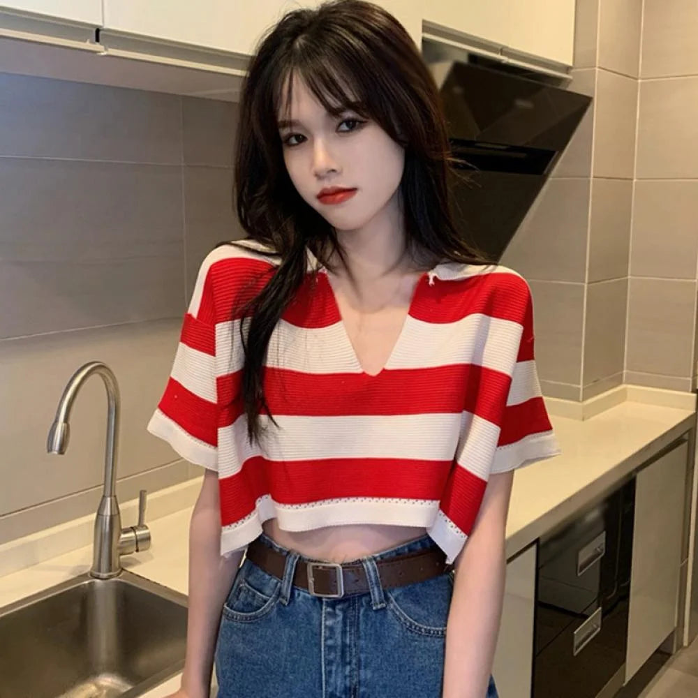 Red Korean Striped Polo Tee