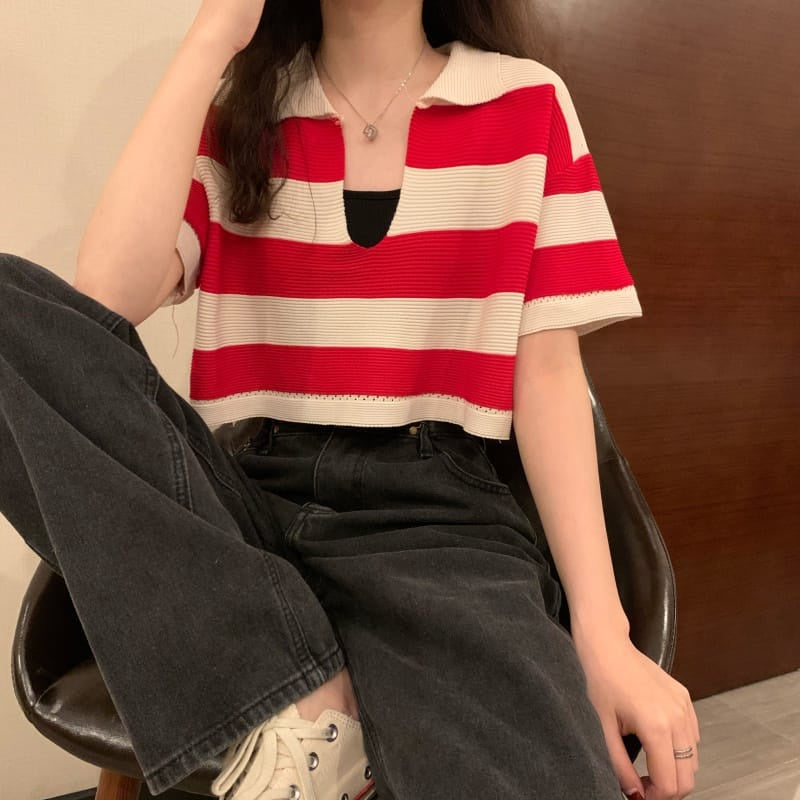Red Korean Striped Polo Tee