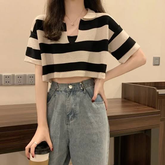 Black Korean Striped Polo Tee