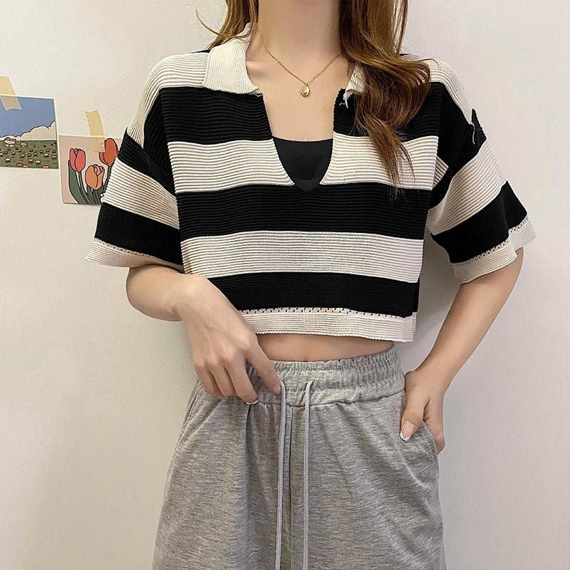 Black Korean Striped Polo Tee