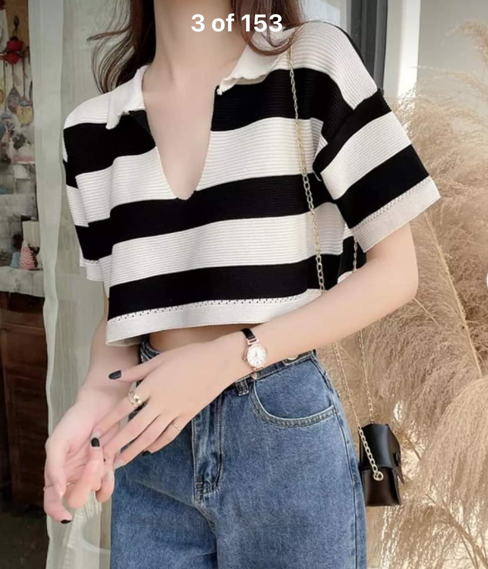 Black Korean Striped Polo Tee