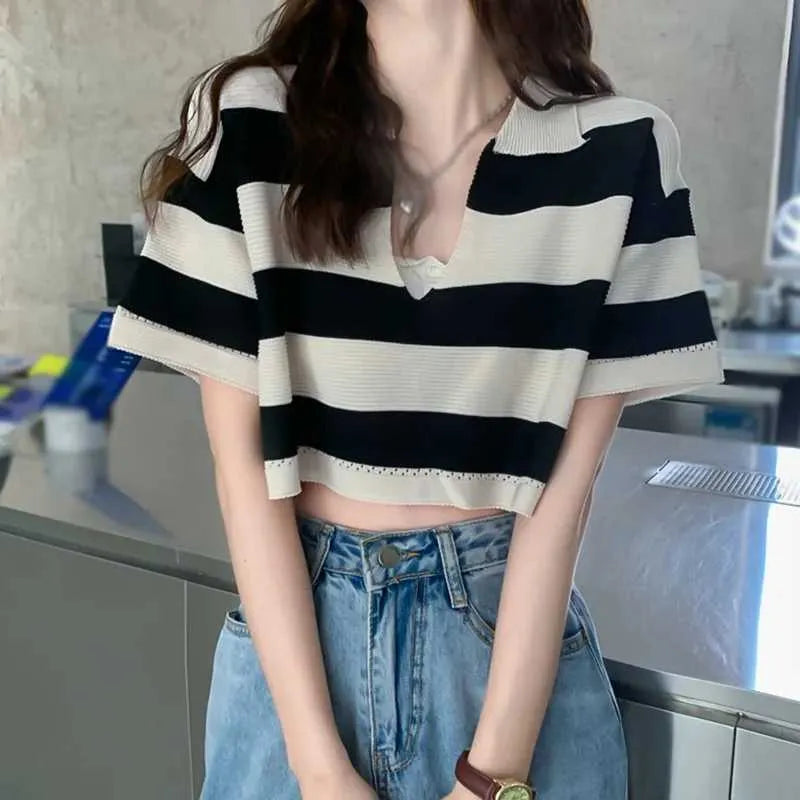 Black Korean Striped Polo Tee