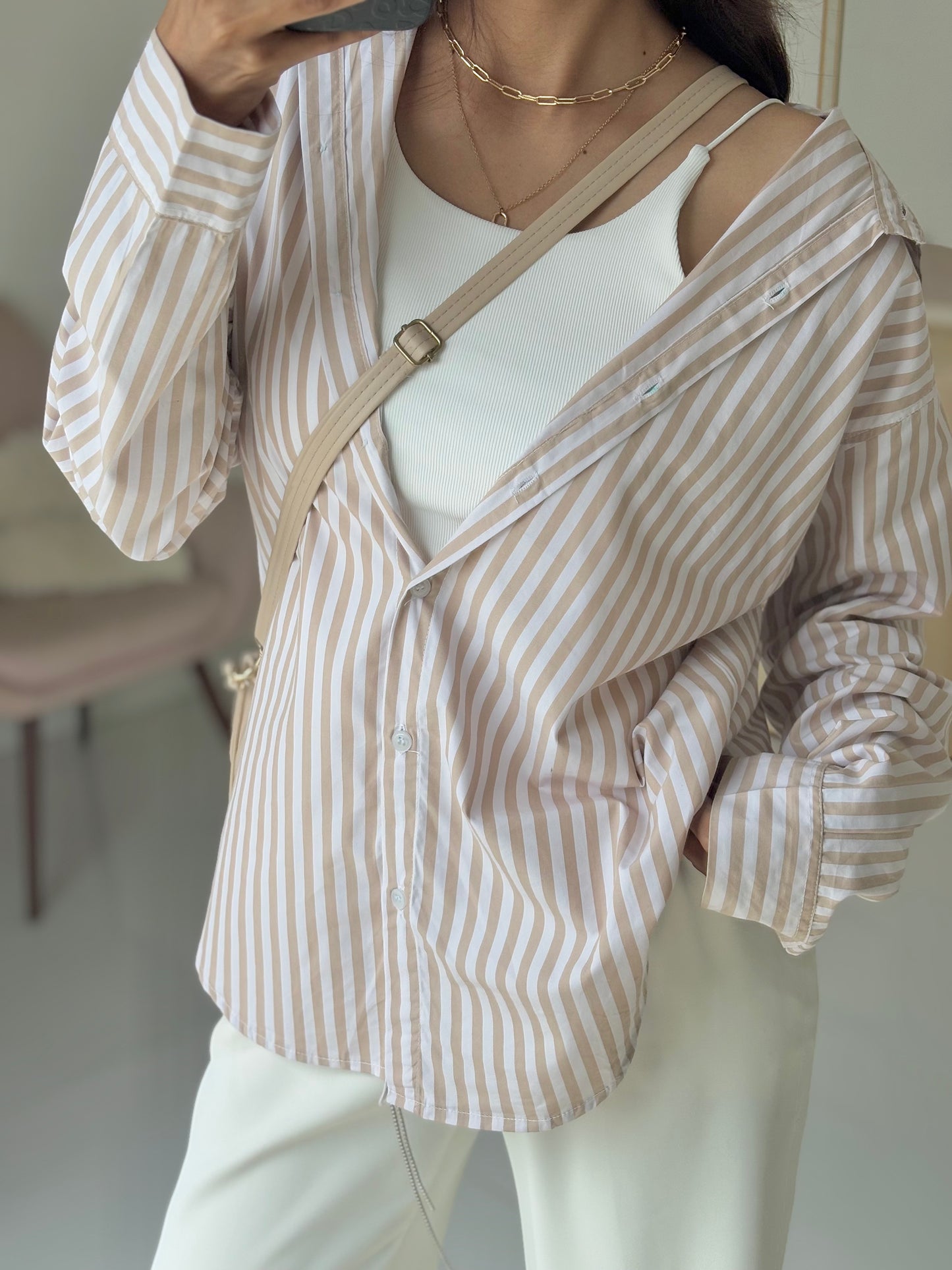 Oversized Beige Striped Shirt