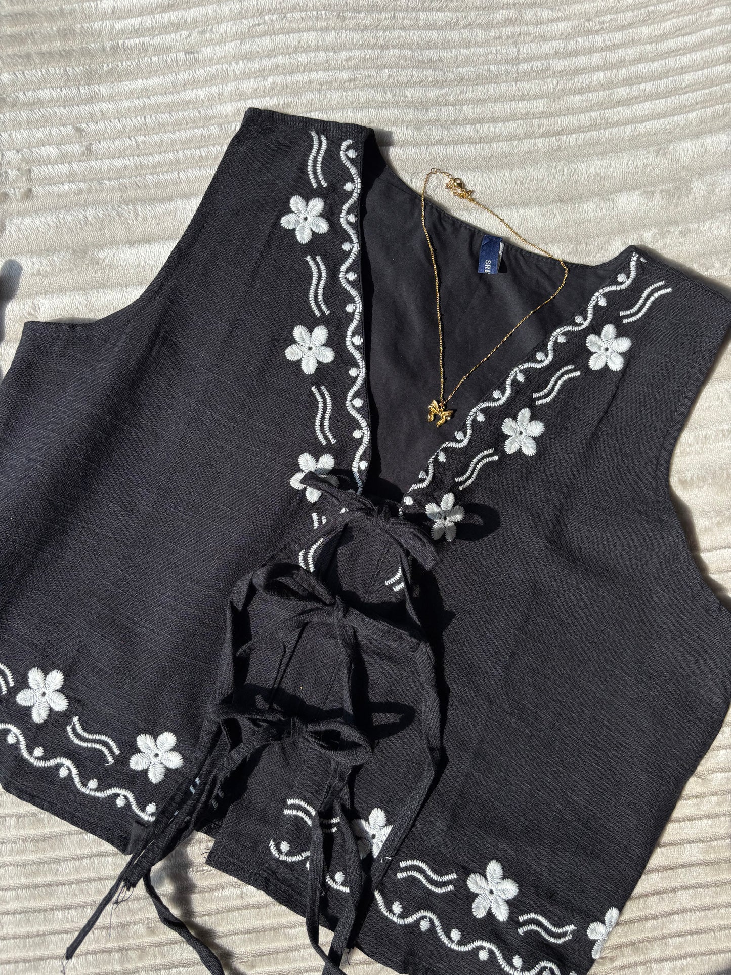 Black Embroidered Tie Up Vest