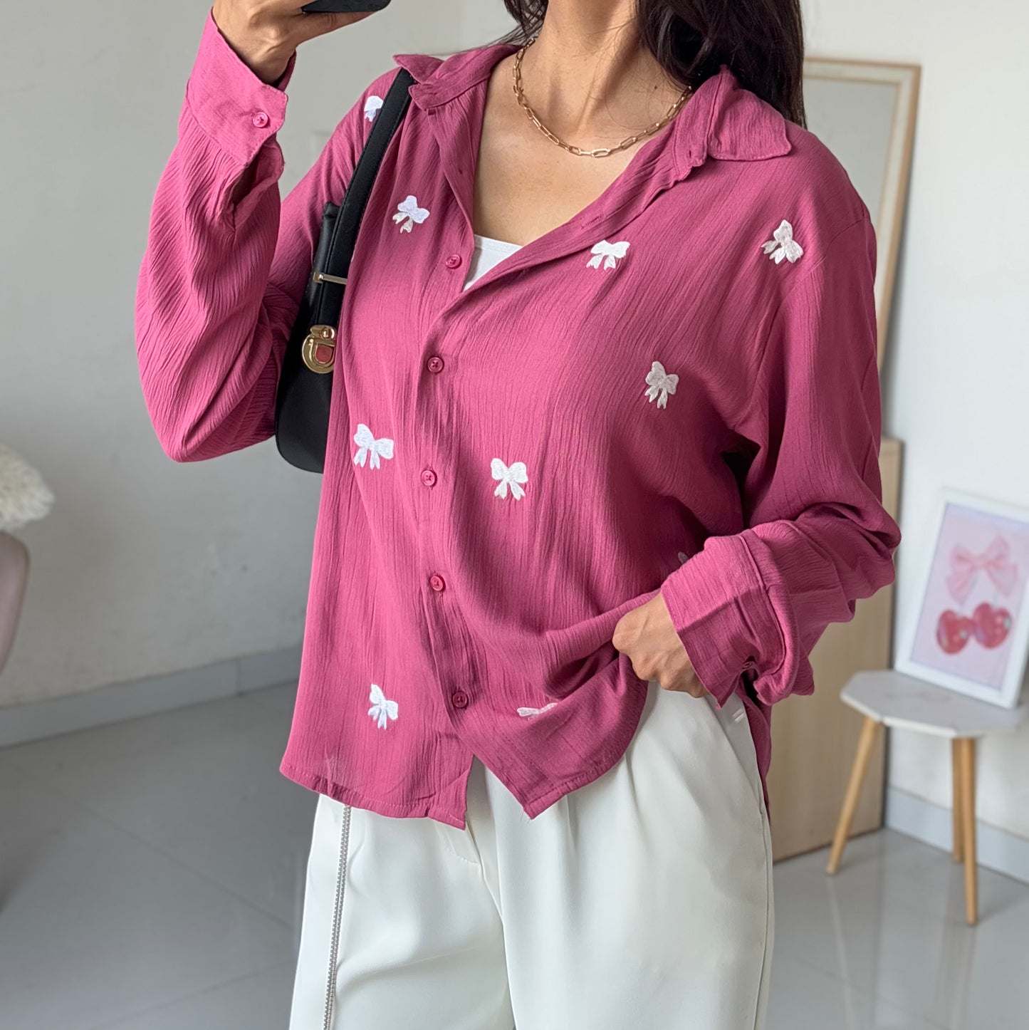 Bow Embroidery Shirt (Pink)