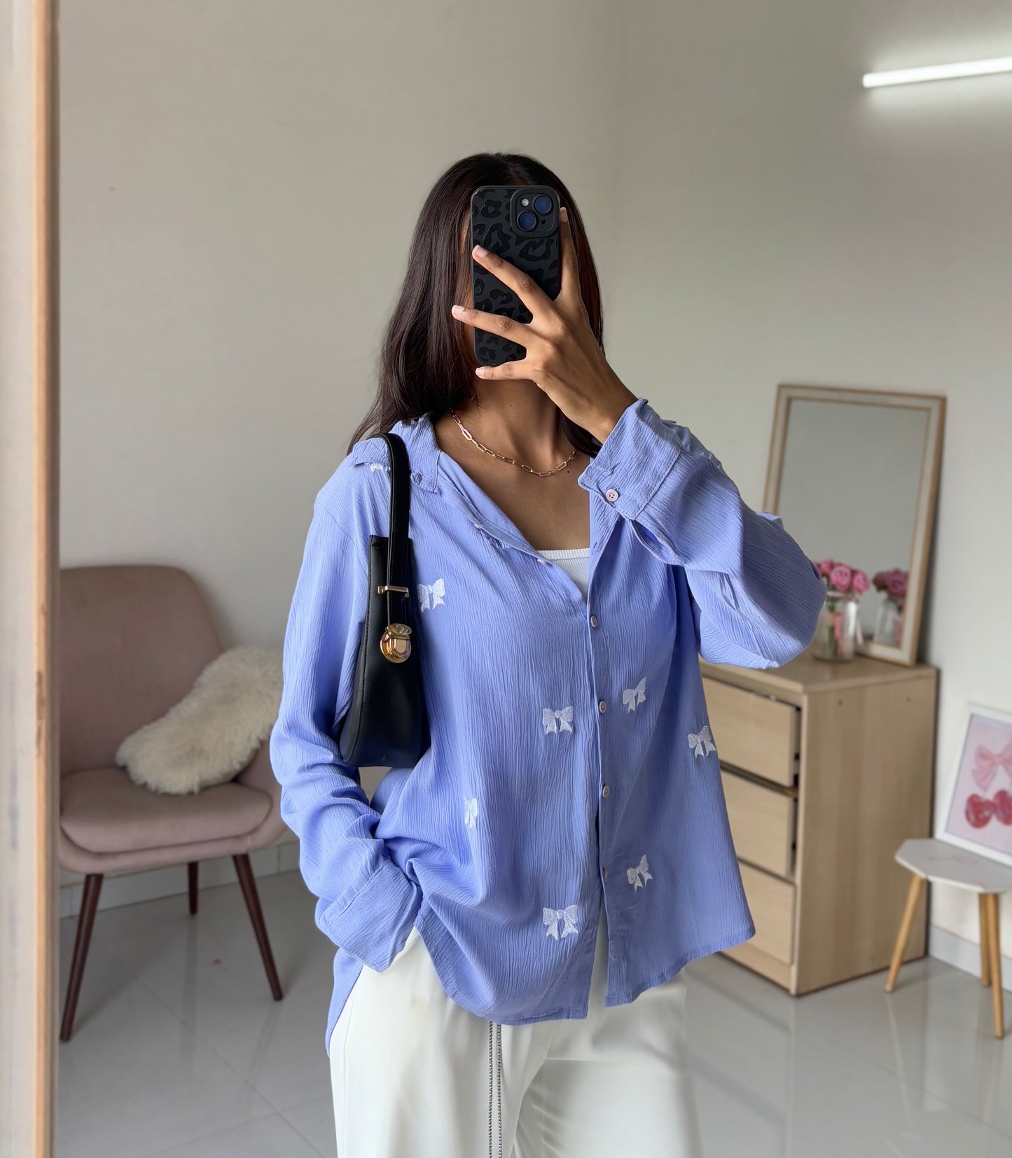 Bow Embroidery Shirt (Blue)
