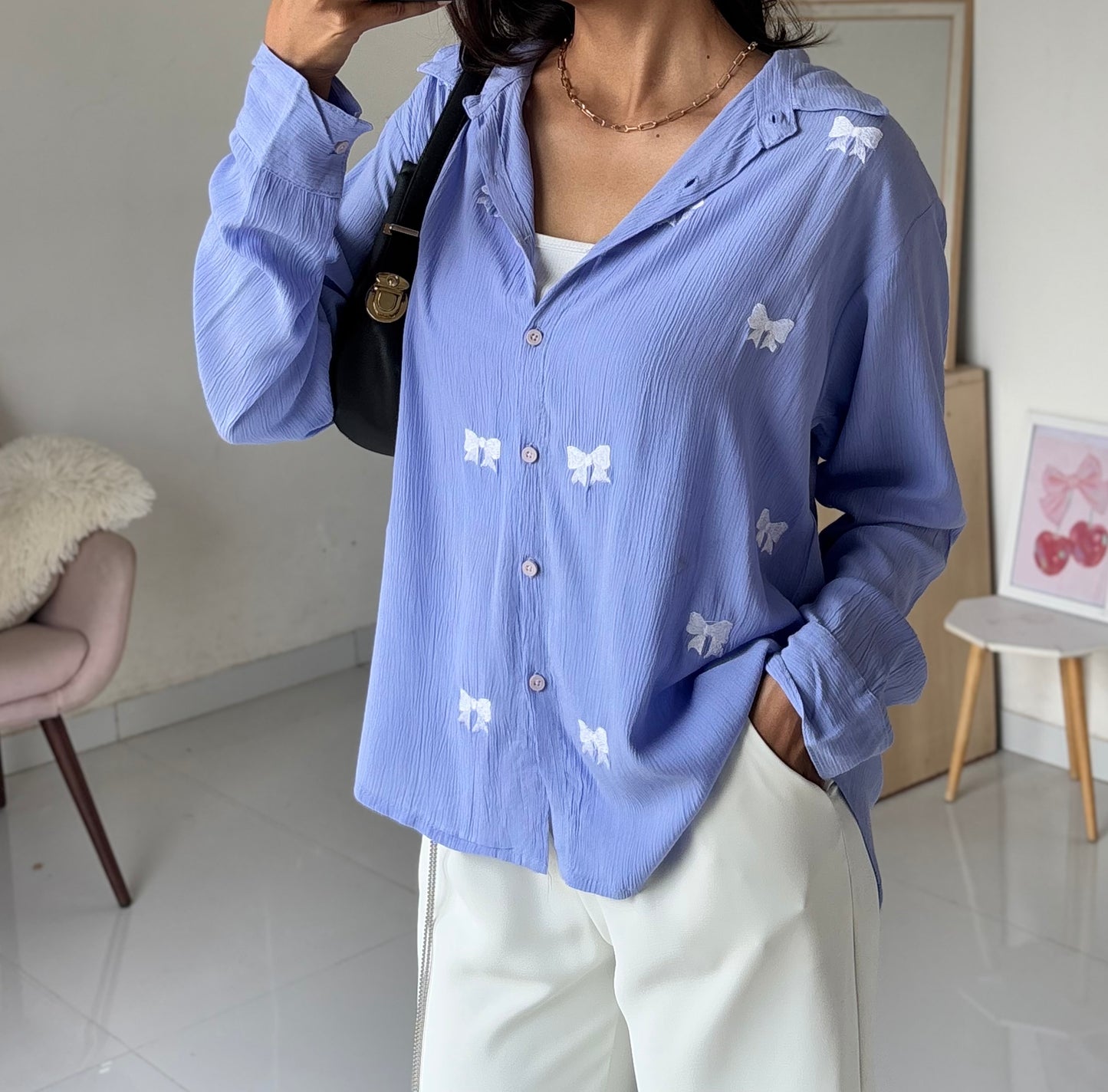 Bow Embroidery Shirt (Blue)