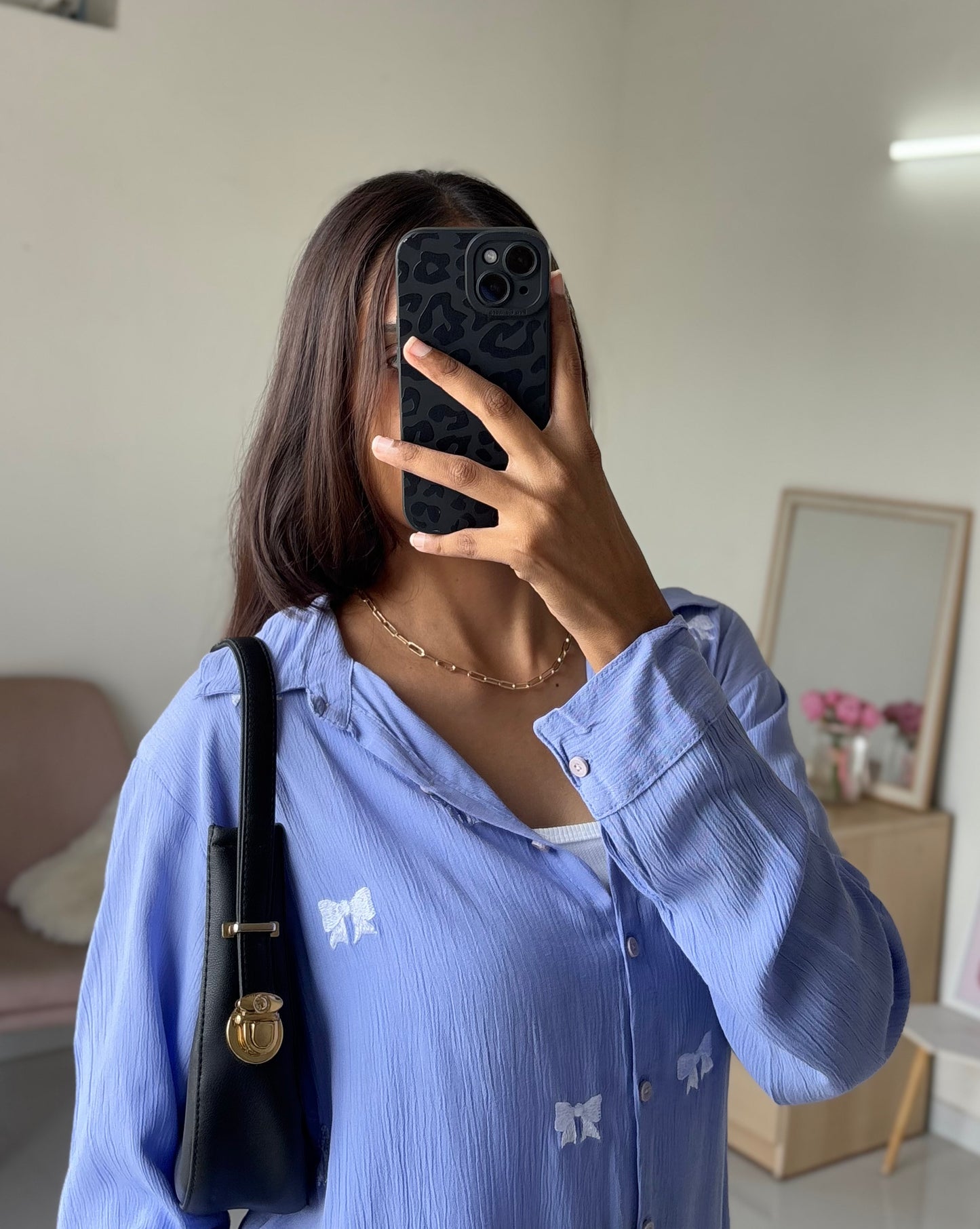 Bow Embroidery Shirt (Blue)