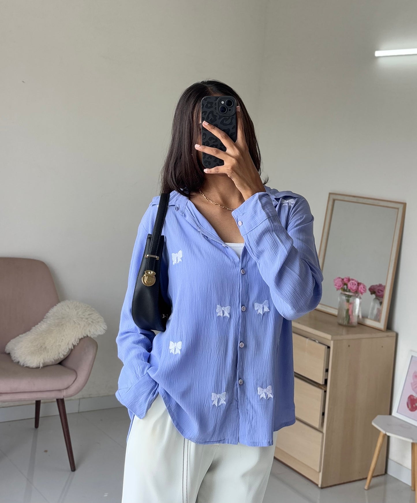 Bow Embroidery Shirt (Blue)